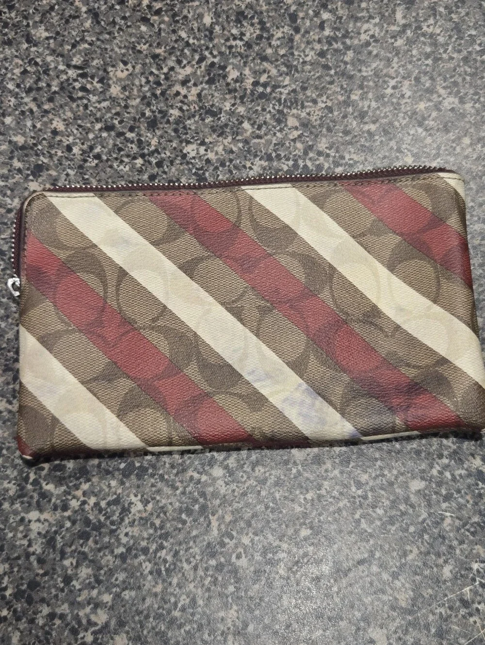 Coach Signature Stripe Zip Wallet Wristlet Brown Red Cream C1715